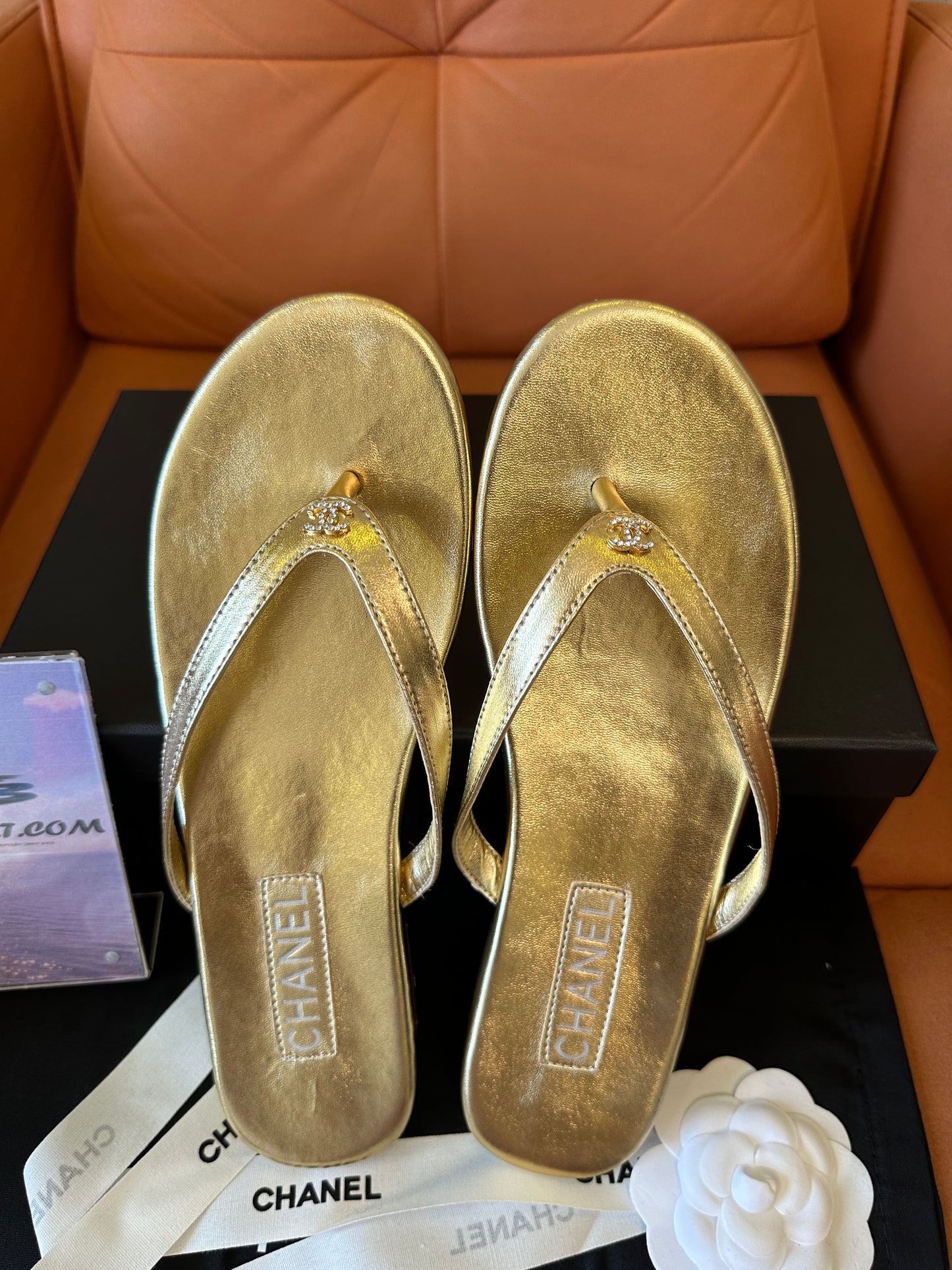 Chanel Gold Leather Logo Flip-Flop Sandals