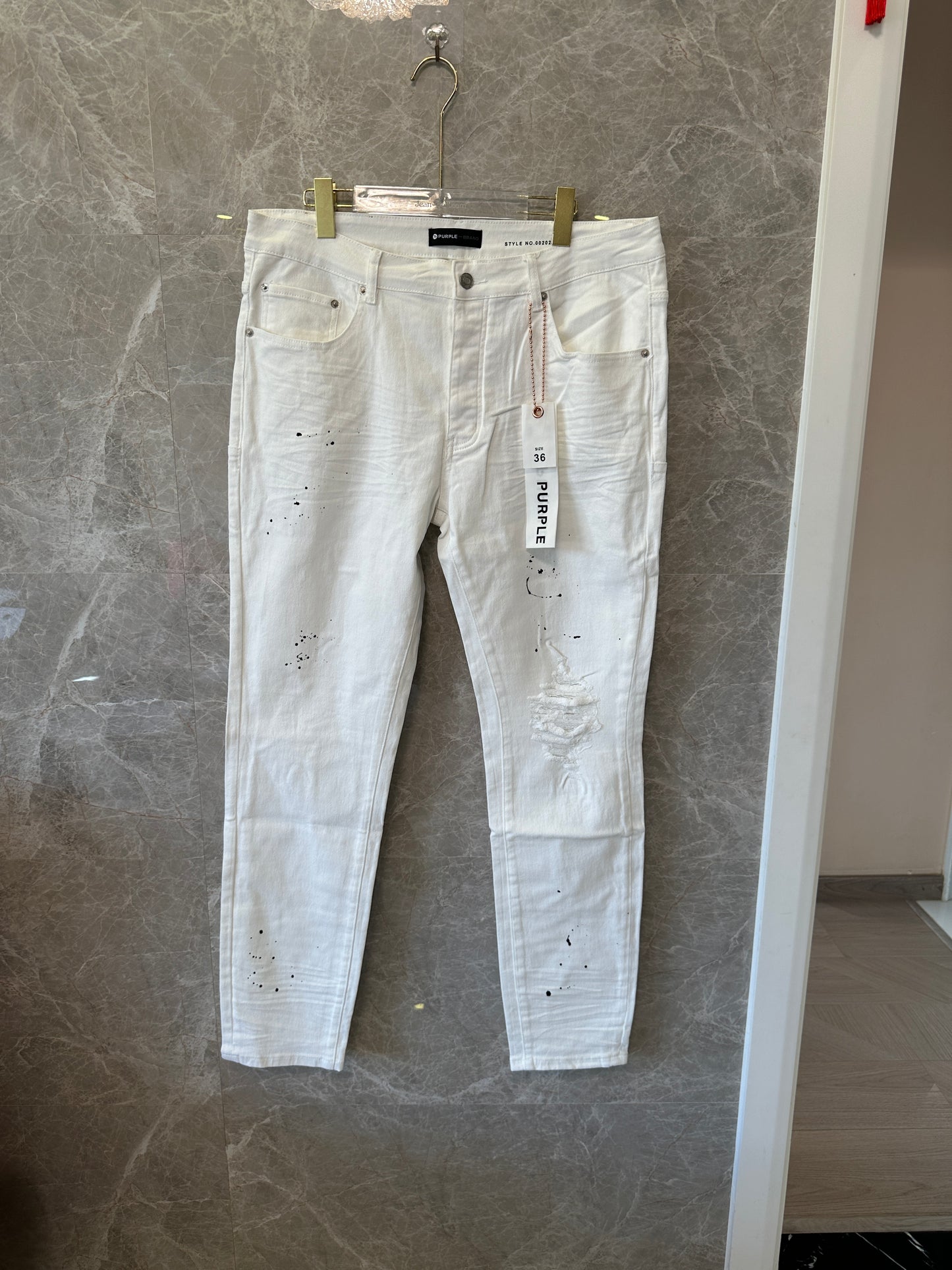 Purple Brand Distressed Skinny Jeans – White Paint-Splatter Denim