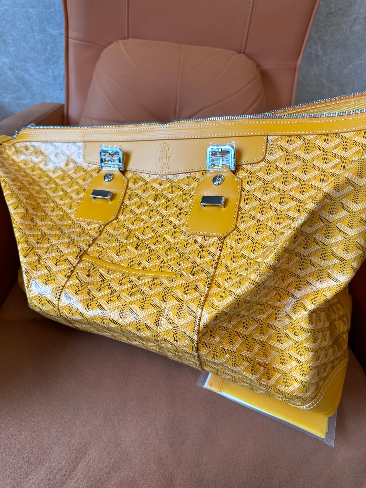 Goyard Yellow Goyardine Canvas Large Travel Duffle Bag with Leather Trim
