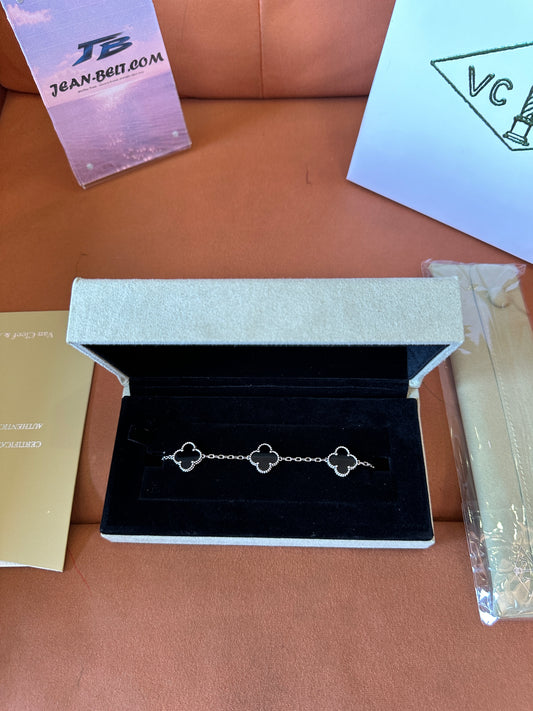 Van Cleef & Arpels Silver Vintage Alhambra Black Clover Bracelet