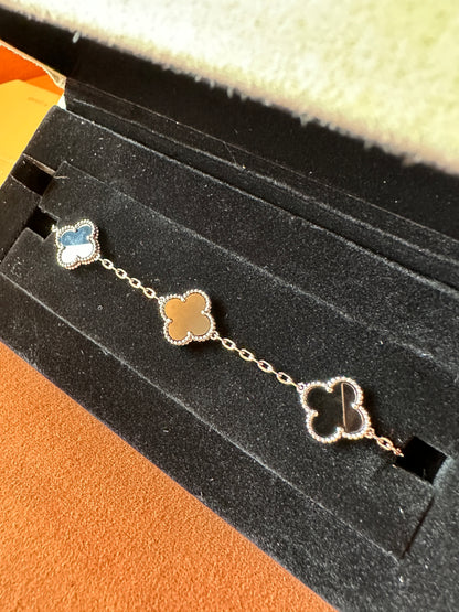 Van Cleef & Arpels Silver Vintage Alhambra Black Clover Bracelet