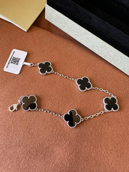 Van Cleef & Arpels Silver Vintage Alhambra Black Clover Bracelet