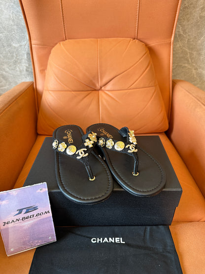 Chanel Black Thong Sandals with Gold & Pearl Charms