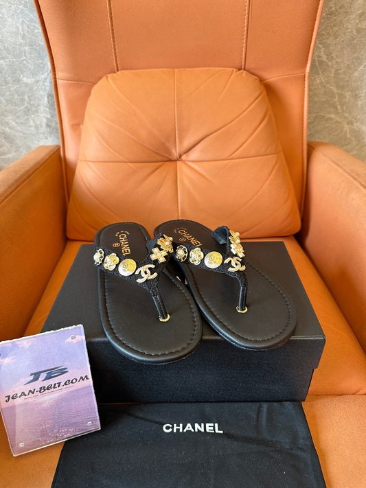 Chanel Black Thong Sandals with Gold & Pearl Charms
