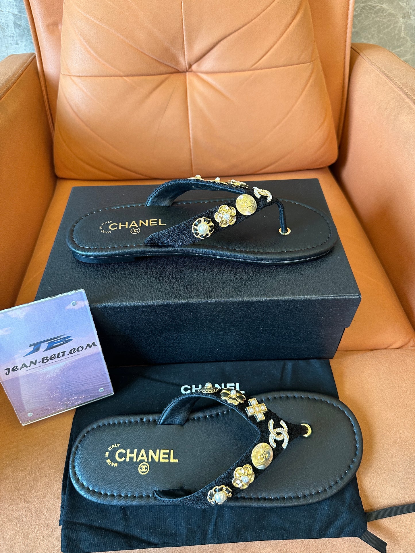 Chanel Black Thong Sandals with Gold & Pearl Charms