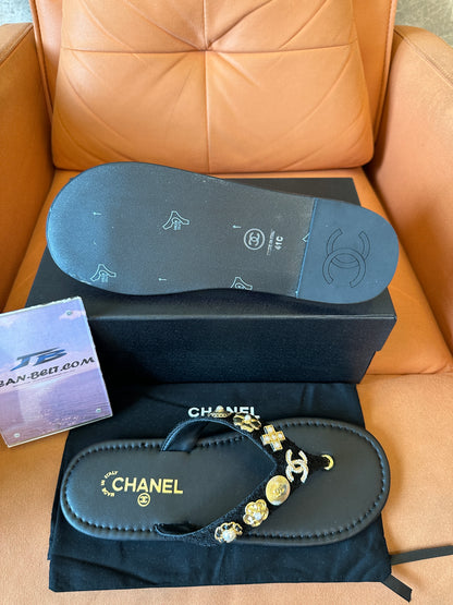 Chanel Black Thong Sandals with Gold & Pearl Charms