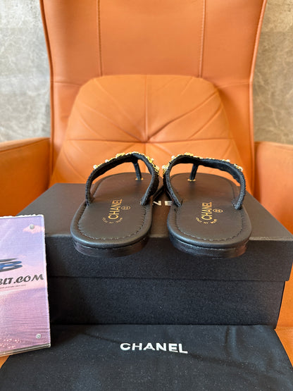 Chanel Black Thong Sandals with Gold & Pearl Charms