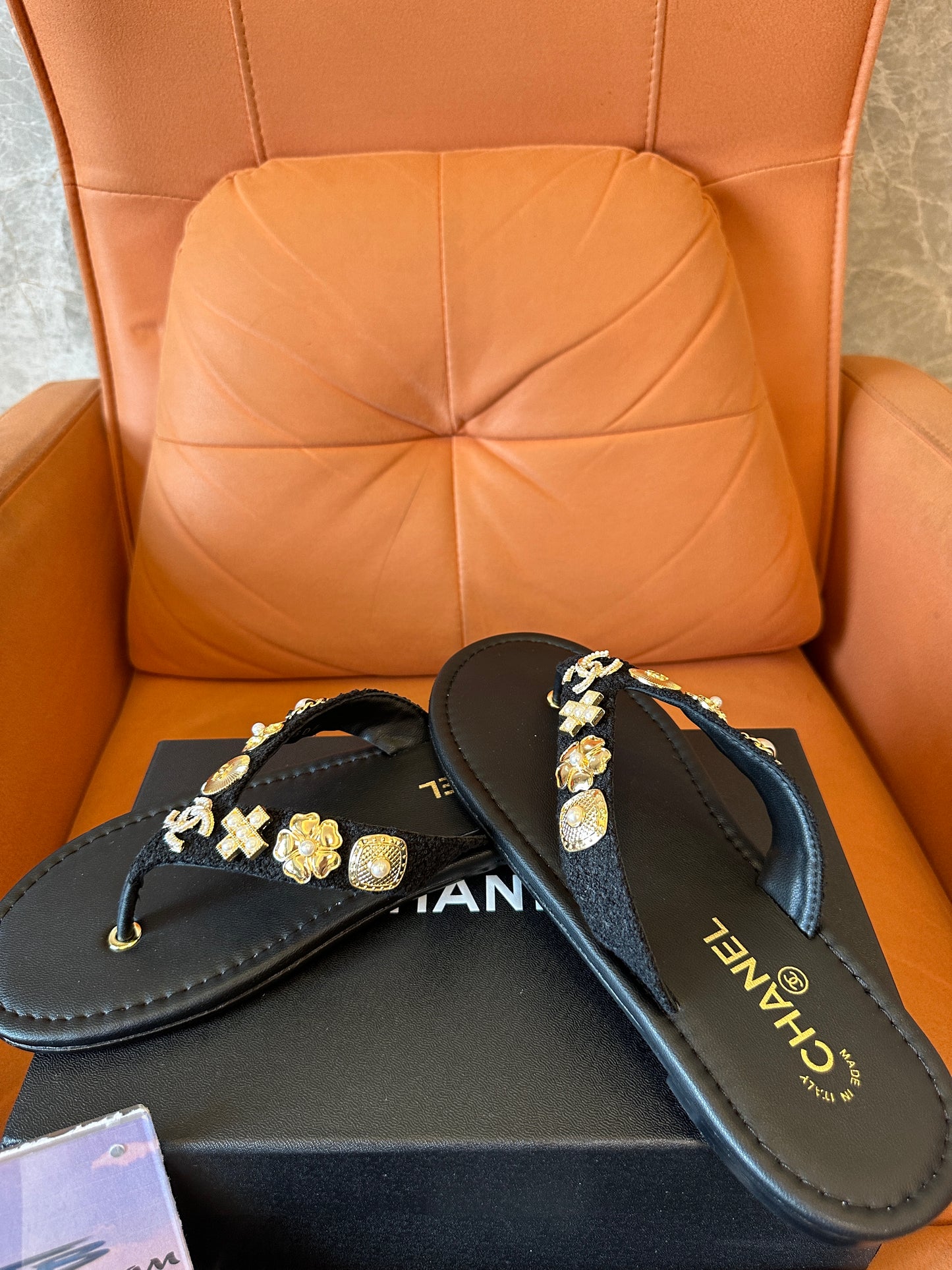 Chanel Black Thong Sandals with Gold & Pearl Charms