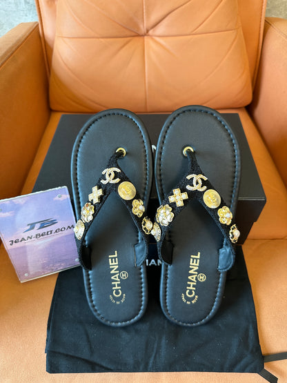 Chanel Black Thong Sandals with Gold & Pearl Charms
