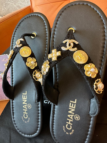 Chanel Black Thong Sandals with Gold & Pearl Charms