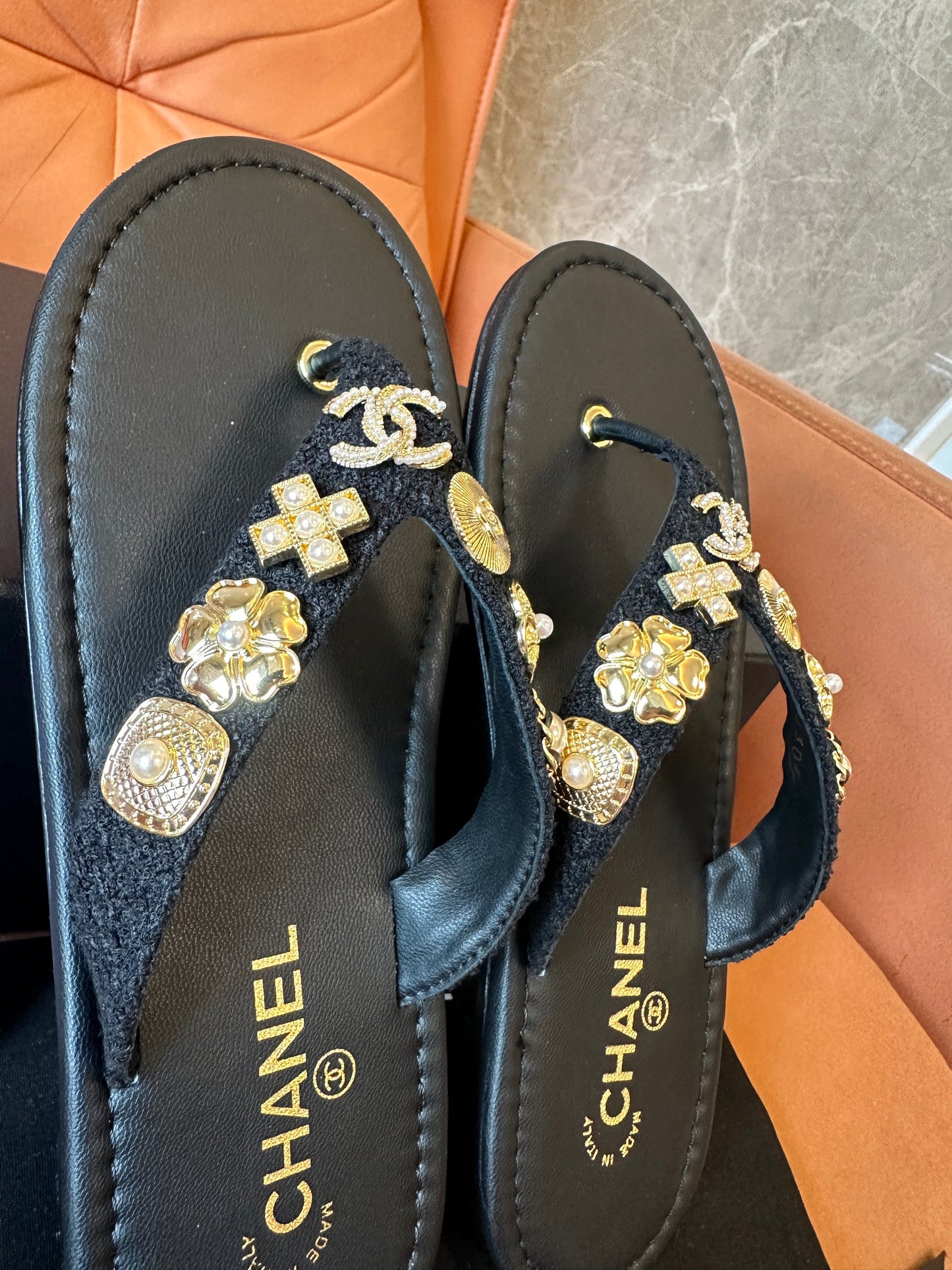 Chanel Black Thong Sandals with Gold & Pearl Charms