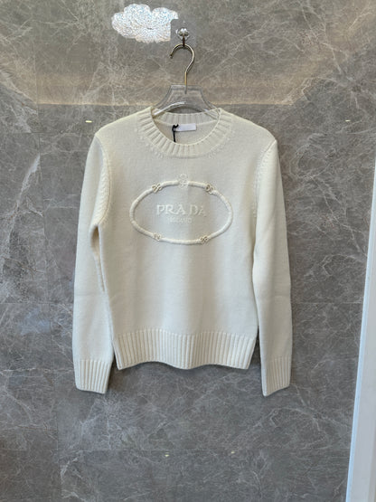 Prada White Knit Sweater with Embroidered Logo Oval Detail
