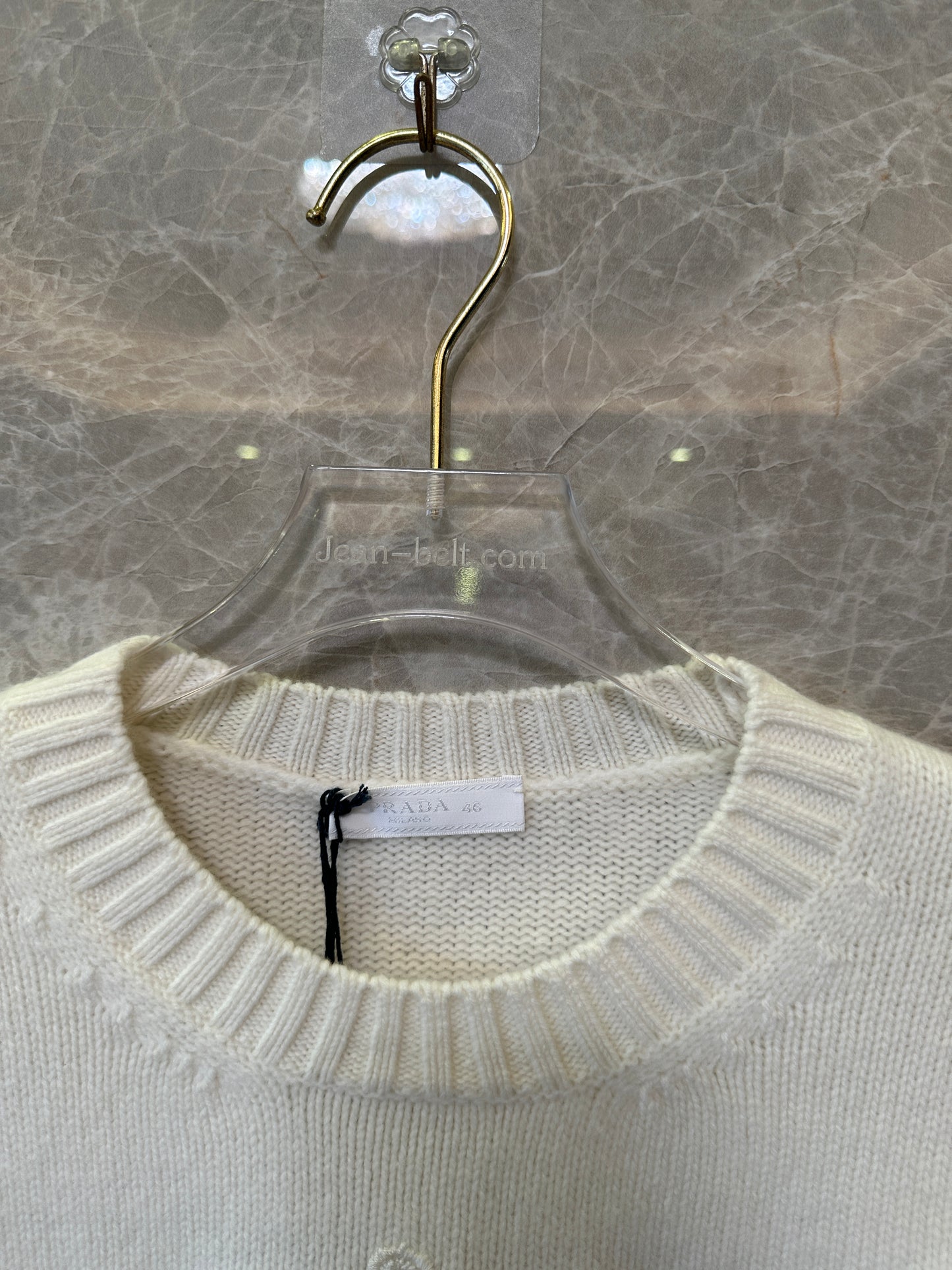 Prada White Knit Sweater with Embroidered Logo Oval Detail