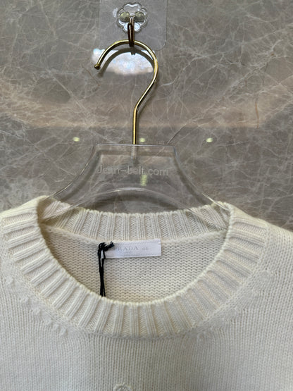 Prada White Knit Sweater with Embroidered Logo Oval Detail