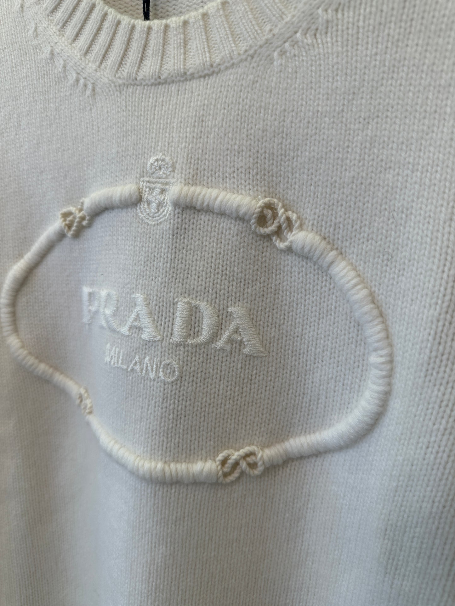 Prada White Knit Sweater with Embroidered Logo Oval Detail