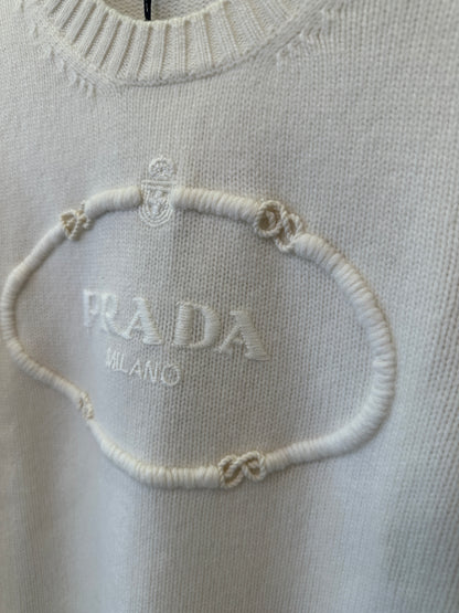Prada White Knit Sweater with Embroidered Logo Oval Detail
