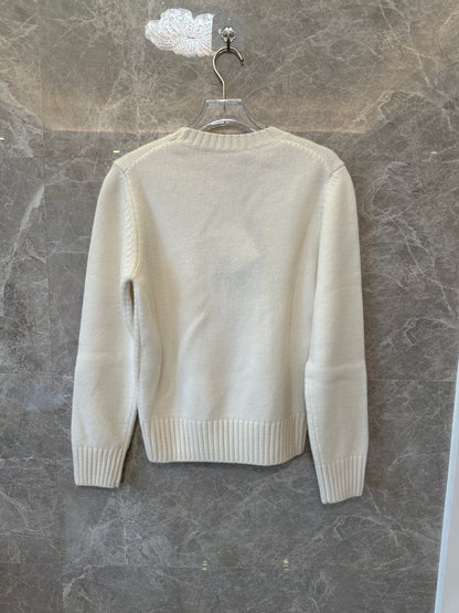Prada White Knit Sweater with Embroidered Logo Oval Detail