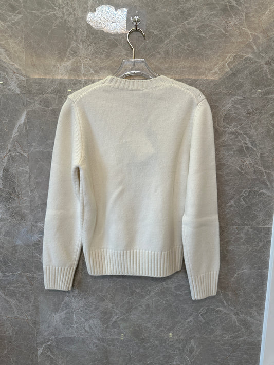Prada White Knit Sweater with Embroidered Logo Oval Detail