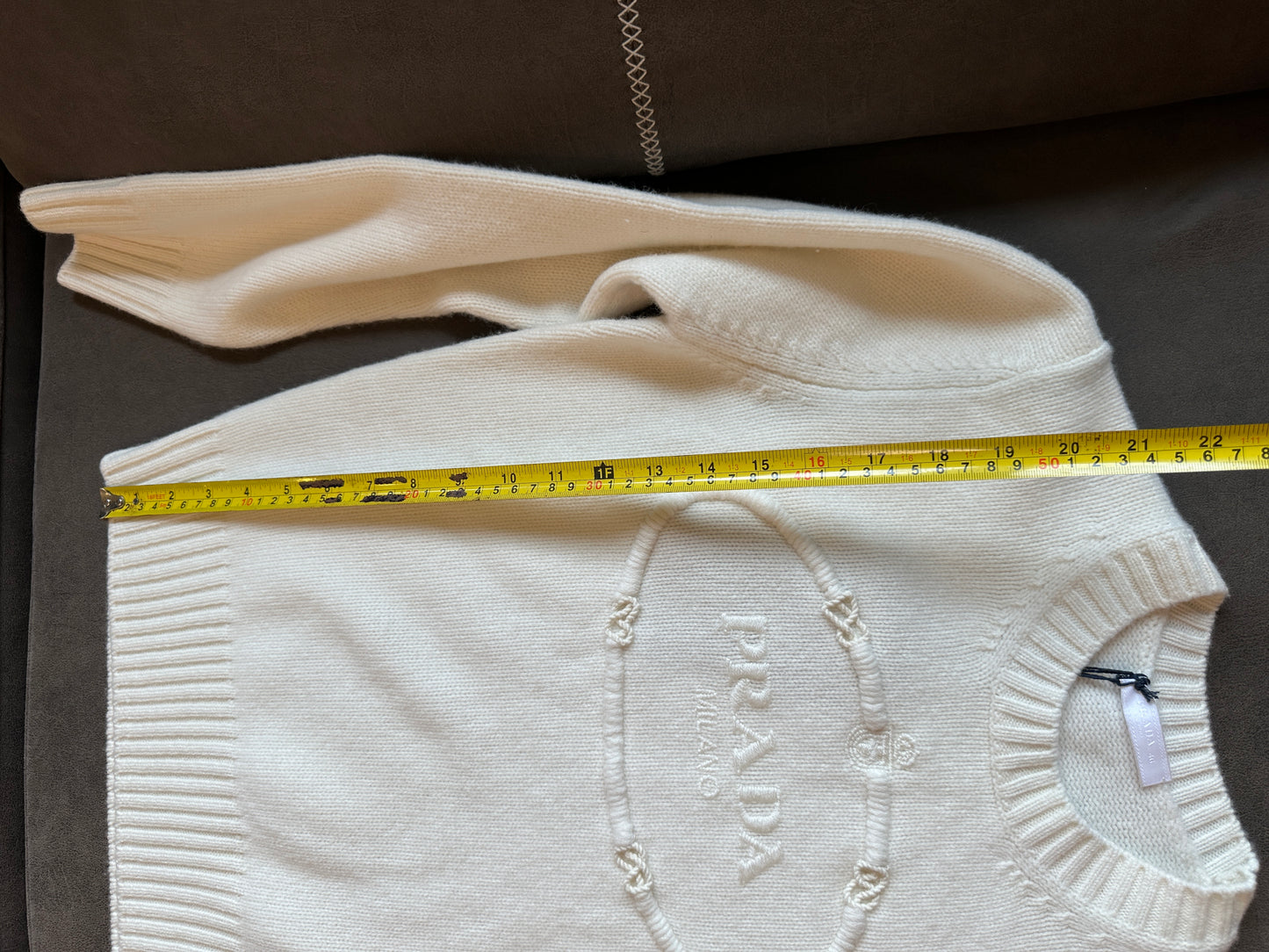 Prada White Knit Sweater with Embroidered Logo Oval Detail
