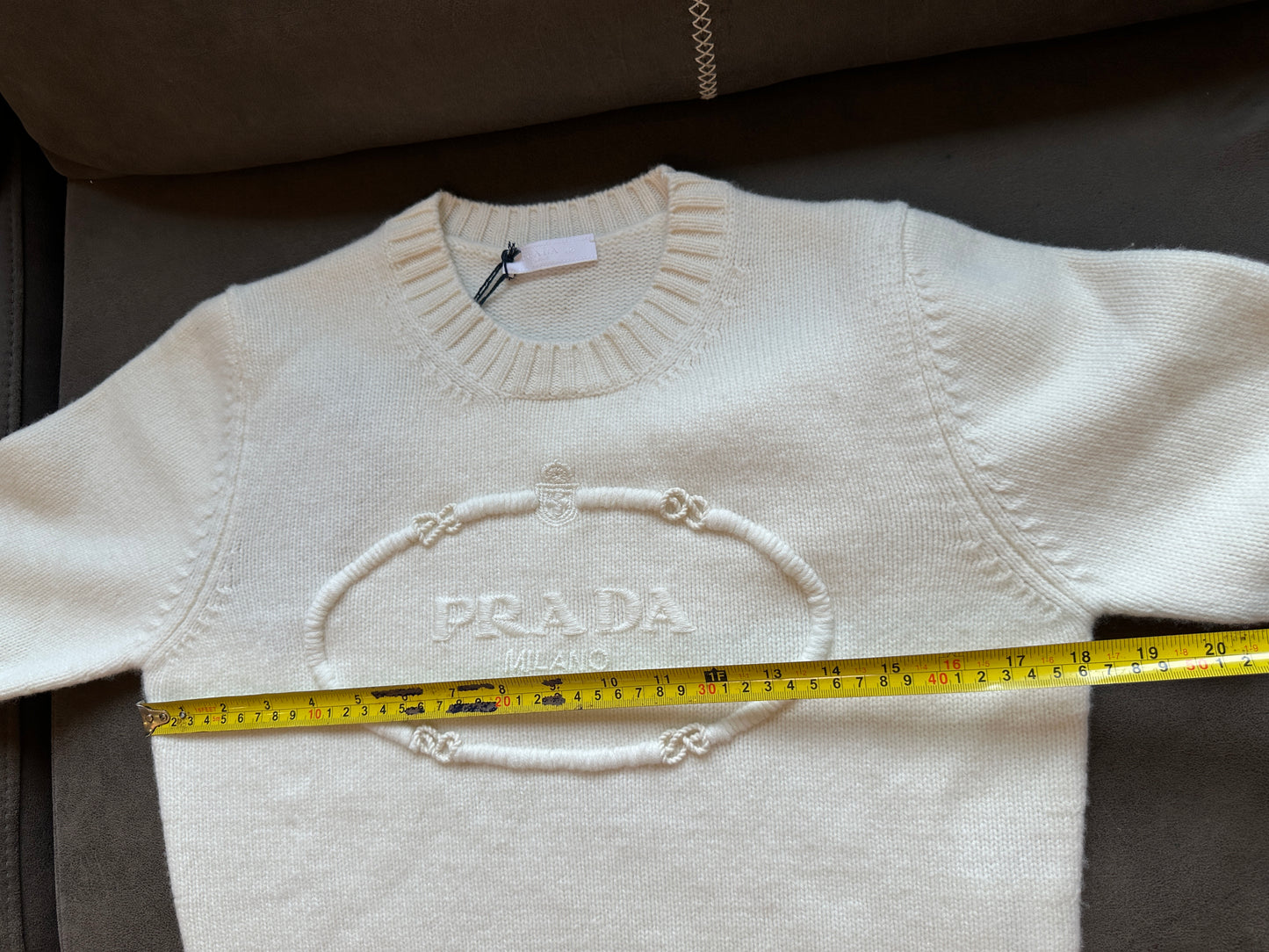 Prada White Knit Sweater with Embroidered Logo Oval Detail