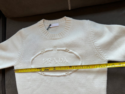 Prada White Knit Sweater with Embroidered Logo Oval Detail