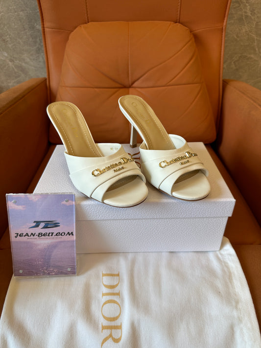 Dior White Leather Heeled Mules with Gold Logo Detail