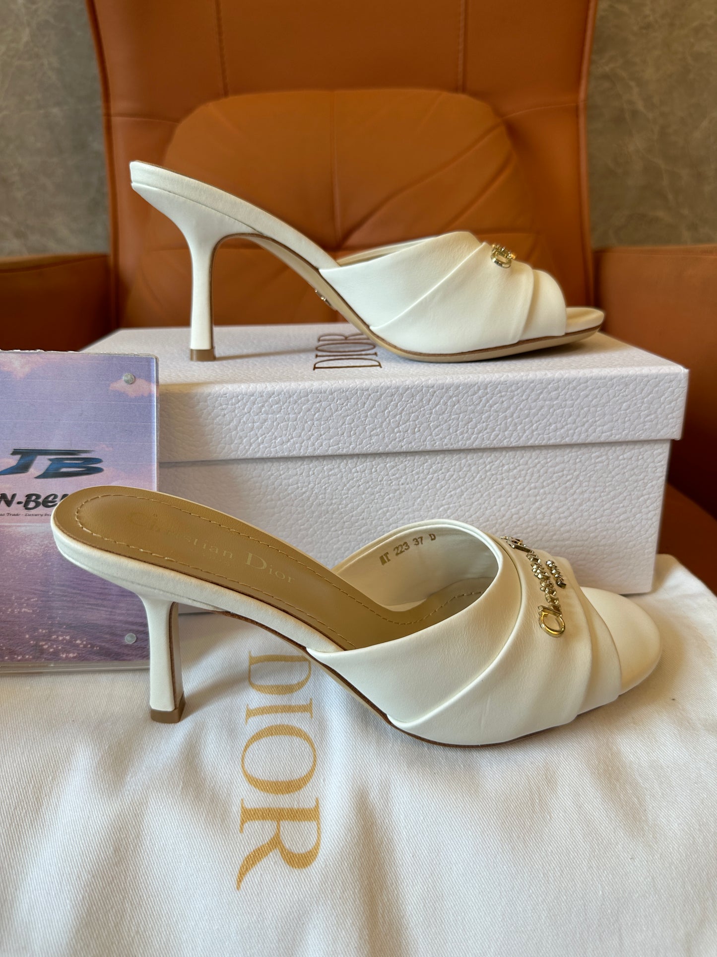 Dior White Leather Heeled Mules with Gold Logo Detail