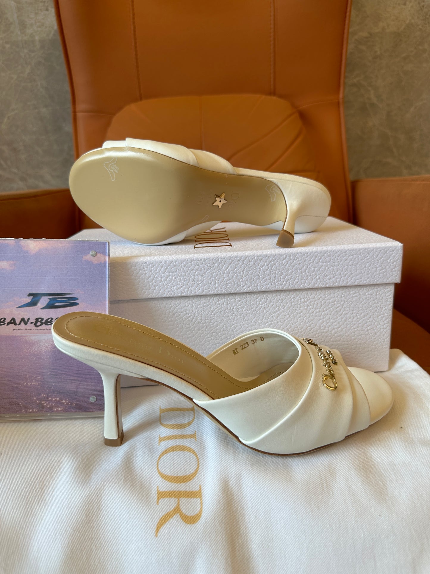 Dior White Leather Heeled Mules with Gold Logo Detail