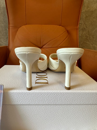 Dior White Leather Heeled Mules with Gold Logo Detail