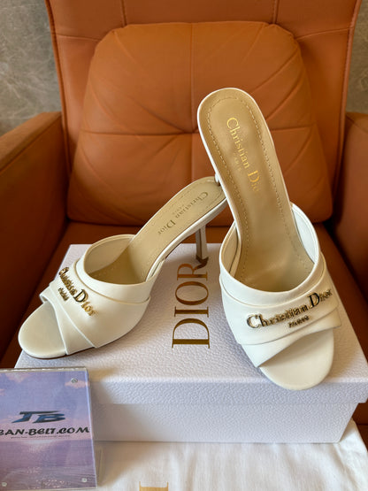 Dior White Leather Heeled Mules with Gold Logo Detail