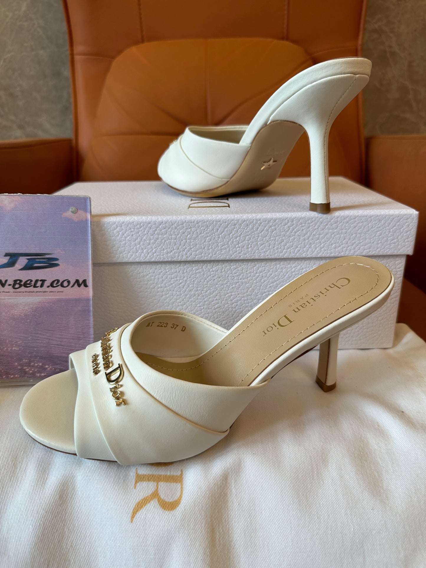 Dior White Leather Heeled Mules with Gold Logo Detail