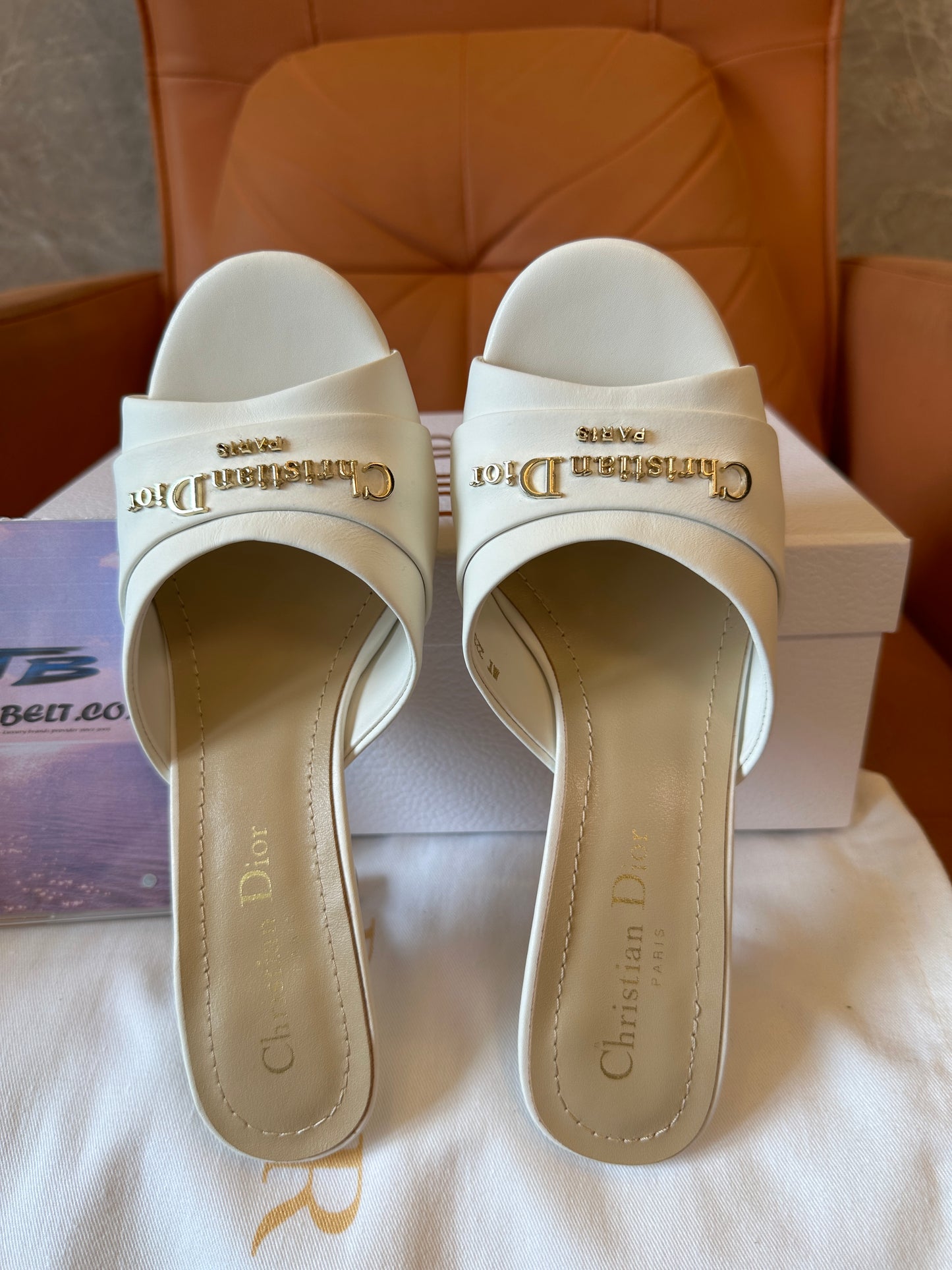Dior White Leather Heeled Mules with Gold Logo Detail