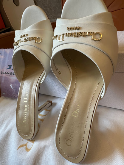 Dior White Leather Heeled Mules with Gold Logo Detail