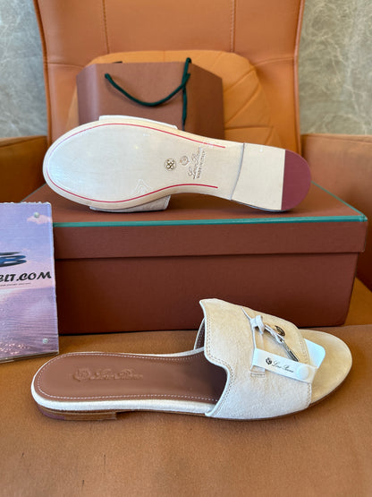 Loro Piana Beige Suede Slide Sandals with Rope Detail