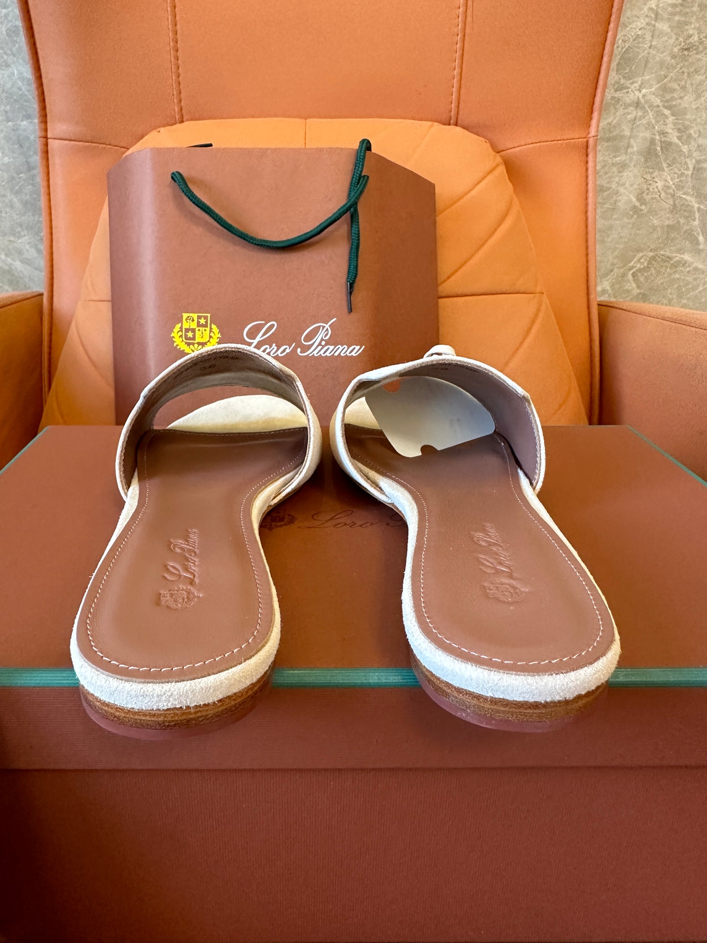Loro Piana Beige Suede Slide Sandals with Rope Detail