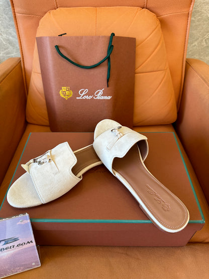 Loro Piana Beige Suede Slide Sandals with Rope Detail