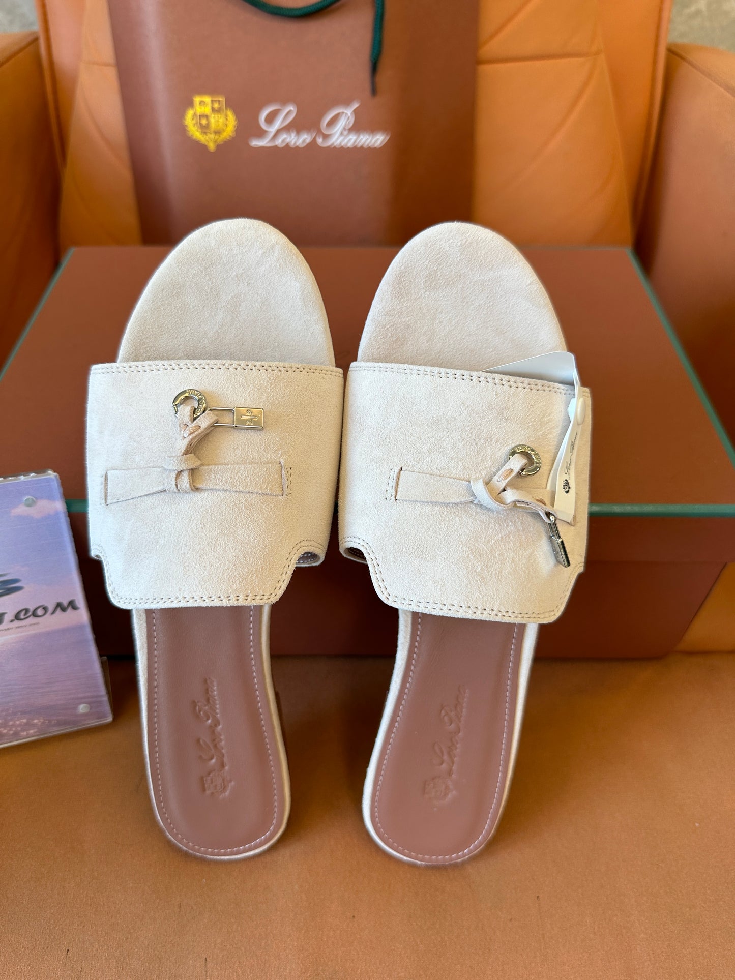 Loro Piana Beige Suede Slide Sandals with Rope Detail