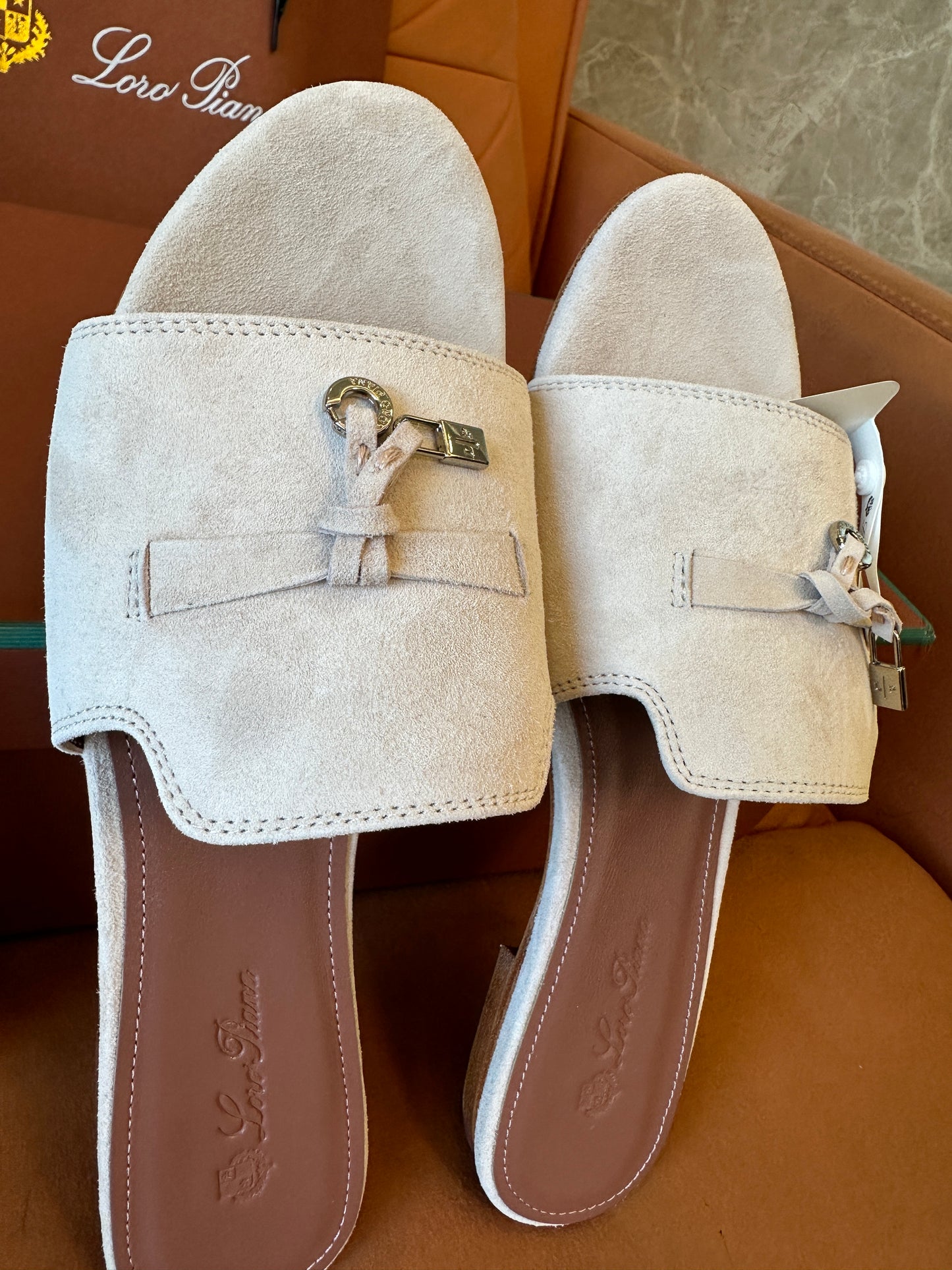 Loro Piana Beige Suede Slide Sandals with Rope Detail