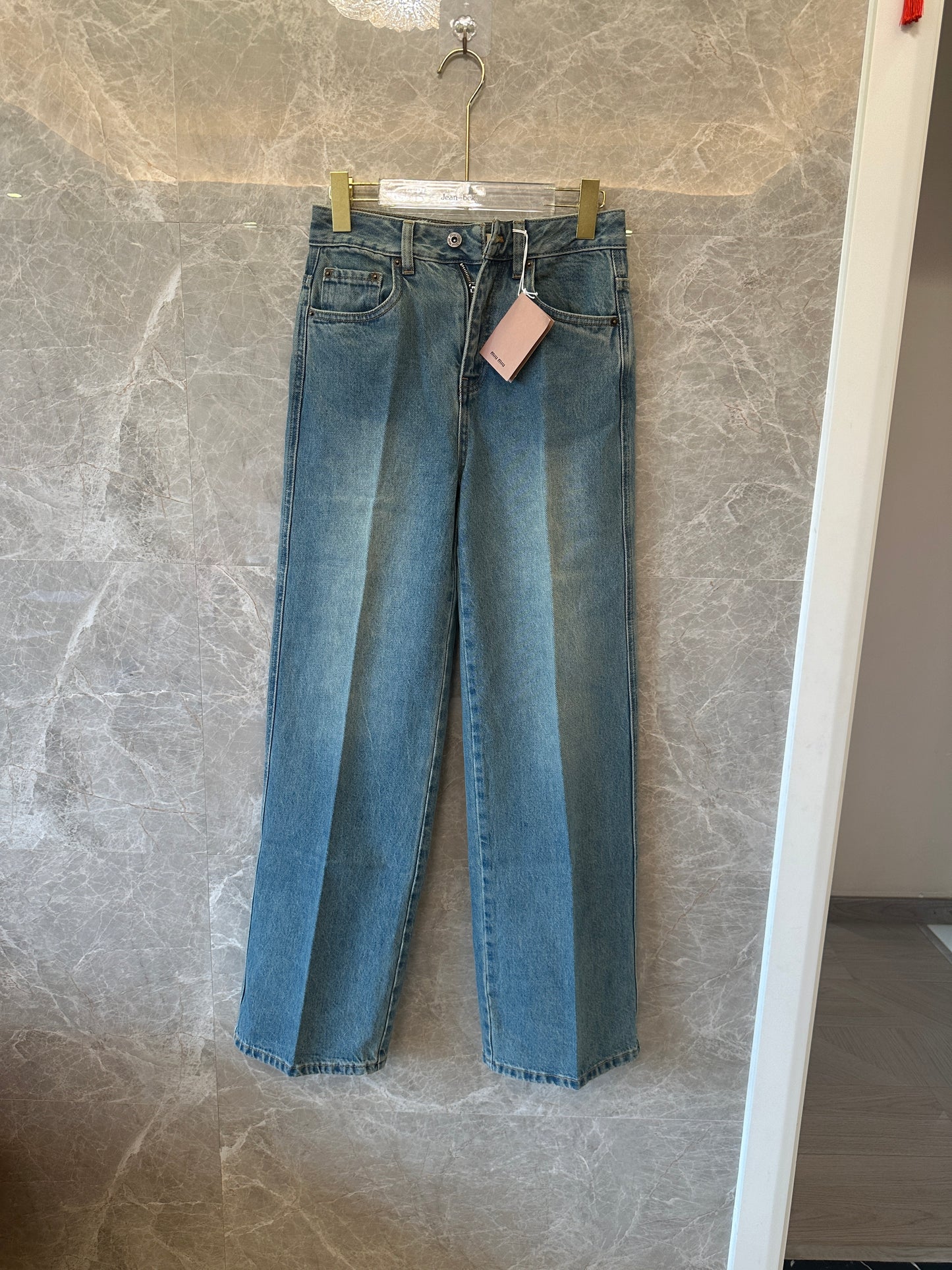 Miu Miu Blue Denim Straight-Leg Jeans with Back Logo Embroidery