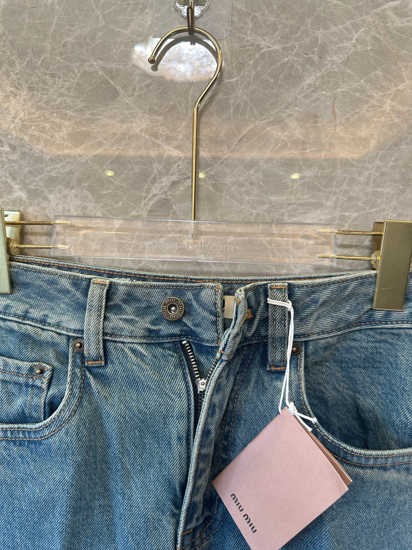 Miu Miu Blue Denim Straight-Leg Jeans with Back Logo Embroidery