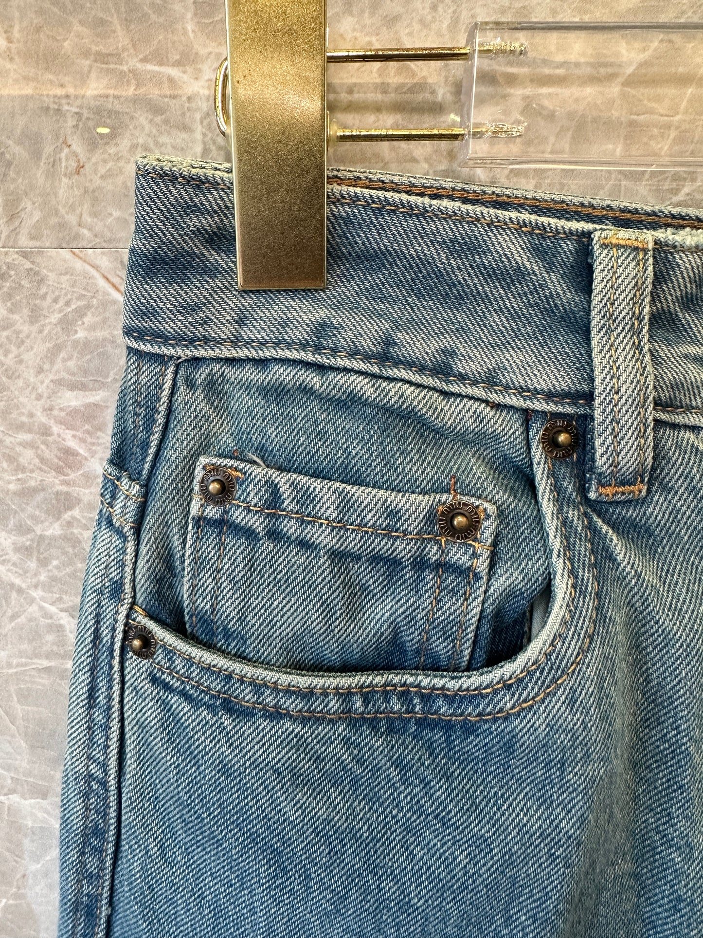 Miu Miu Blue Denim Straight-Leg Jeans with Back Logo Embroidery