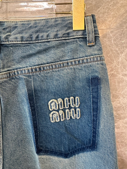 Miu Miu Blue Denim Straight-Leg Jeans with Back Logo Embroidery