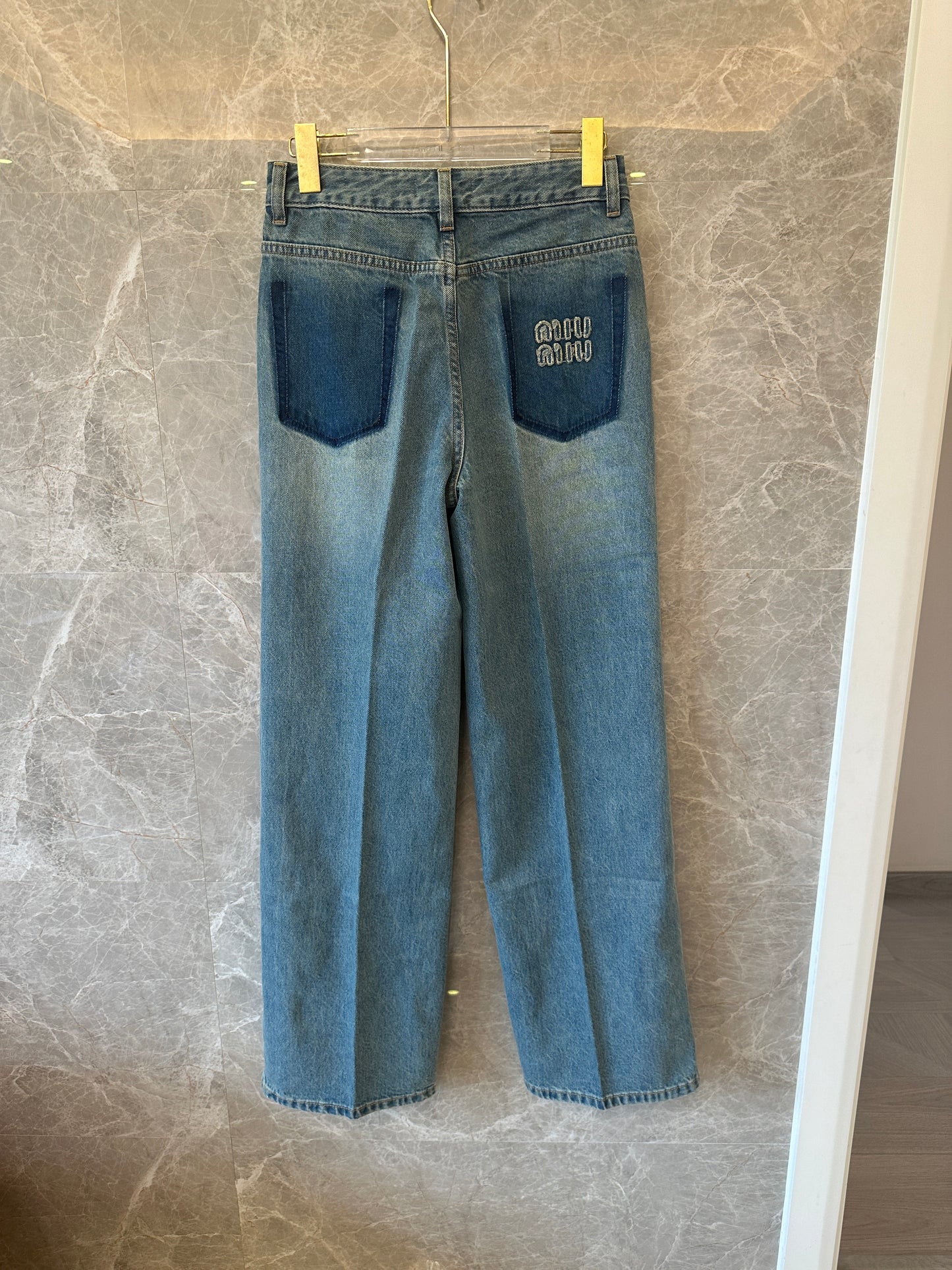 Miu Miu Blue Denim Straight-Leg Jeans with Back Logo Embroidery