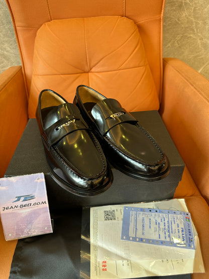 Prada Black Polished Leather Loafers with Logo Detail