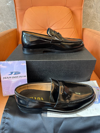 Prada Black Polished Leather Loafers with Logo Detail