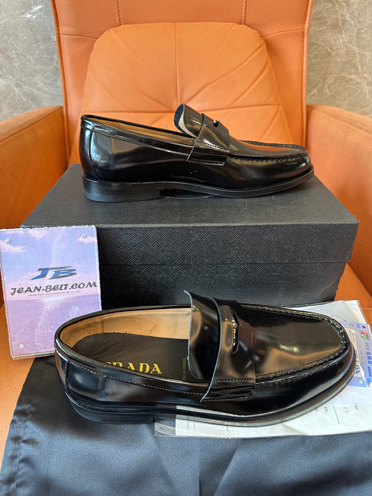 Prada Black Polished Leather Loafers with Logo Detail
