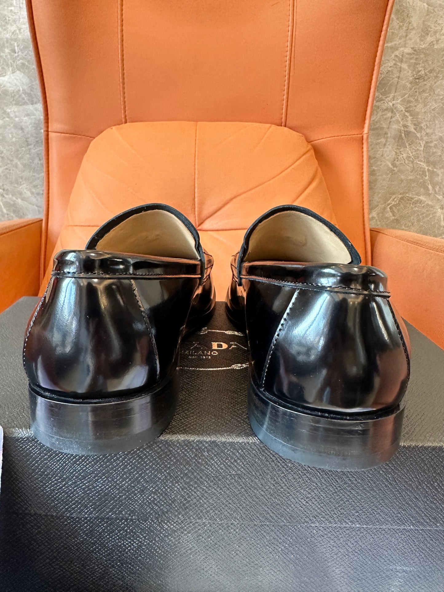 Prada Black Polished Leather Loafers with Logo Detail