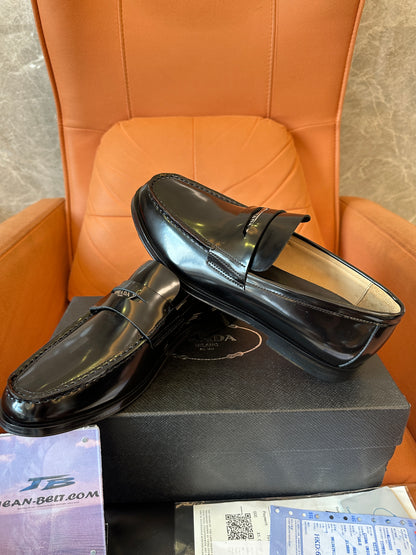 Prada Black Polished Leather Loafers with Logo Detail