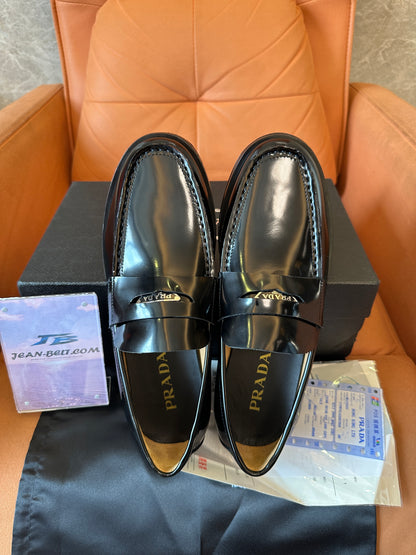Prada Black Polished Leather Loafers with Logo Detail