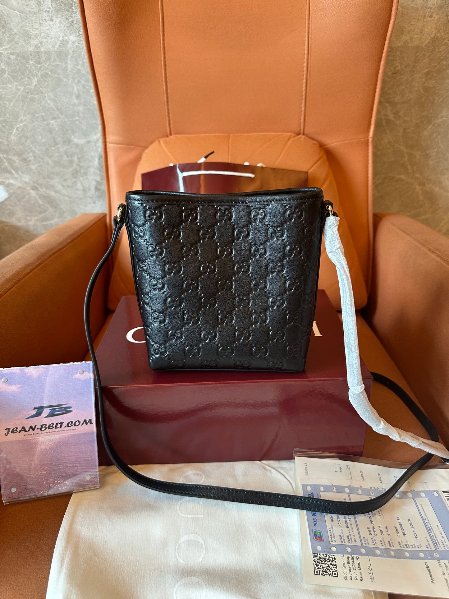 Gucci GG Embossed Black Leather Mini Bucket Bag